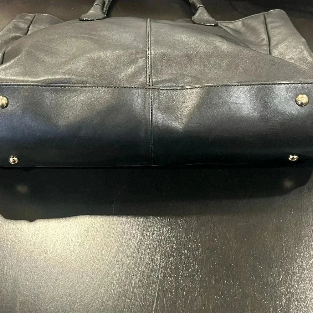 Nanette Lepore Leather Braided Handle Enamel Accent Tote Purse Satchel Bag Black